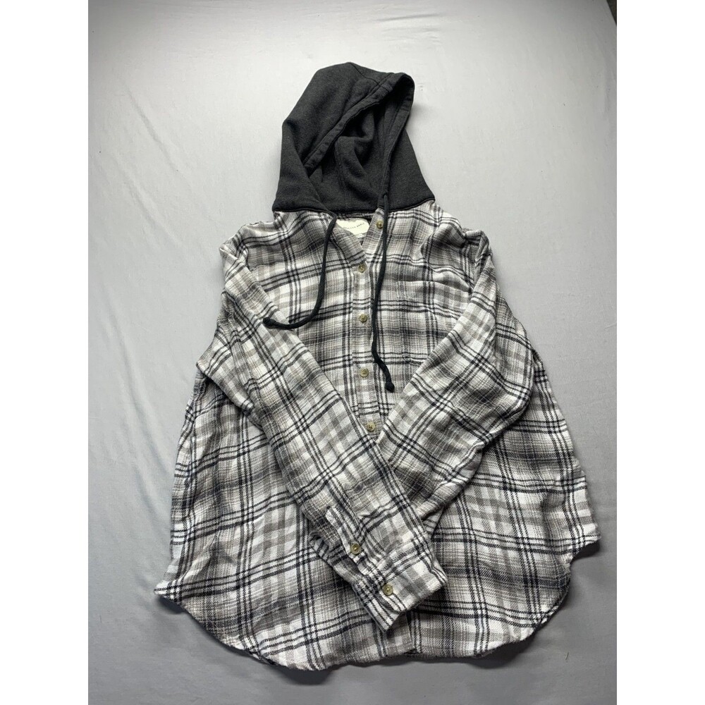 American eagle Black, White, Grey Plaid Flannel with Hoodie Size Small